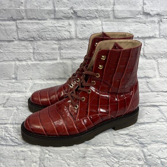 Stuart Weitzman Womens Size 10 Red Croc Mila Combat Bootie Boots Lift Leather - Picture 3 of 8